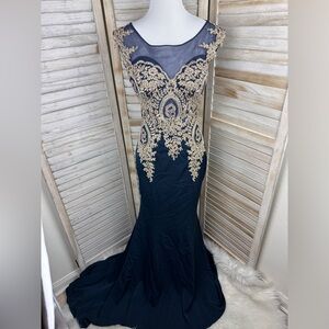 Cinderella Divine Navy Blue Gold Rhinestone Appliqued Bodice Fitted Formal Gown